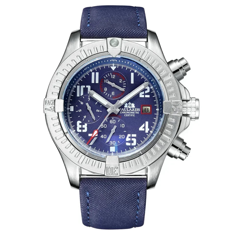 Automatic Mens Watch Self Wind Mechanical Canvas Style Genuine Black Blue Leather Multifunction Date Month Luminous Watches - IFINDALL
