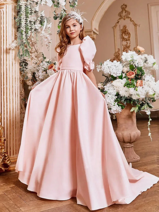 Flower Girl Dress Satin Pink A-Line Half Sleeves Floor Length Child Birthday Party Dress First Communion Ball Gown - IFINDALL