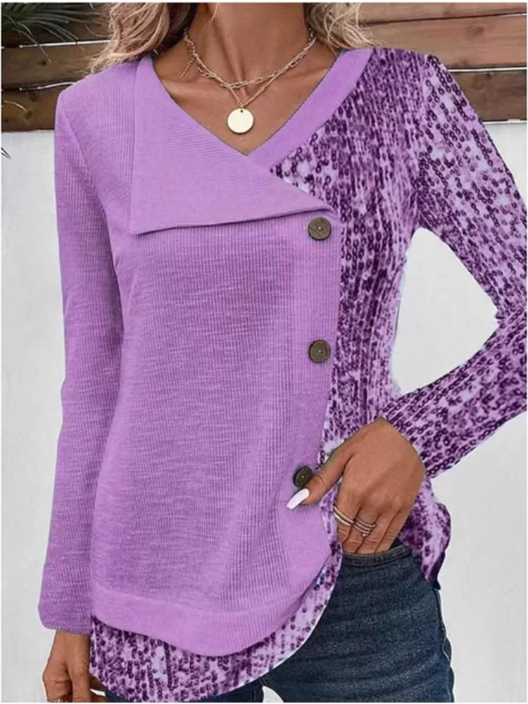 4 Color Blocked Button Long Sleeved Blouse Irregular Collar Women's Casual T-shirt Street Fashion Daily Autumn Top - IFINDALL