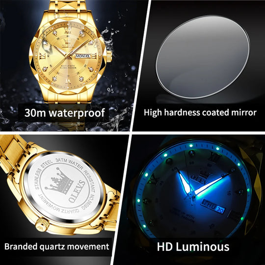 OLEVS Original Fashionable Men's Quartz Watch Top Luxury Brand Waterproof Stainless Steel Diamond Date Week Men's Business Watch - IFINDALL