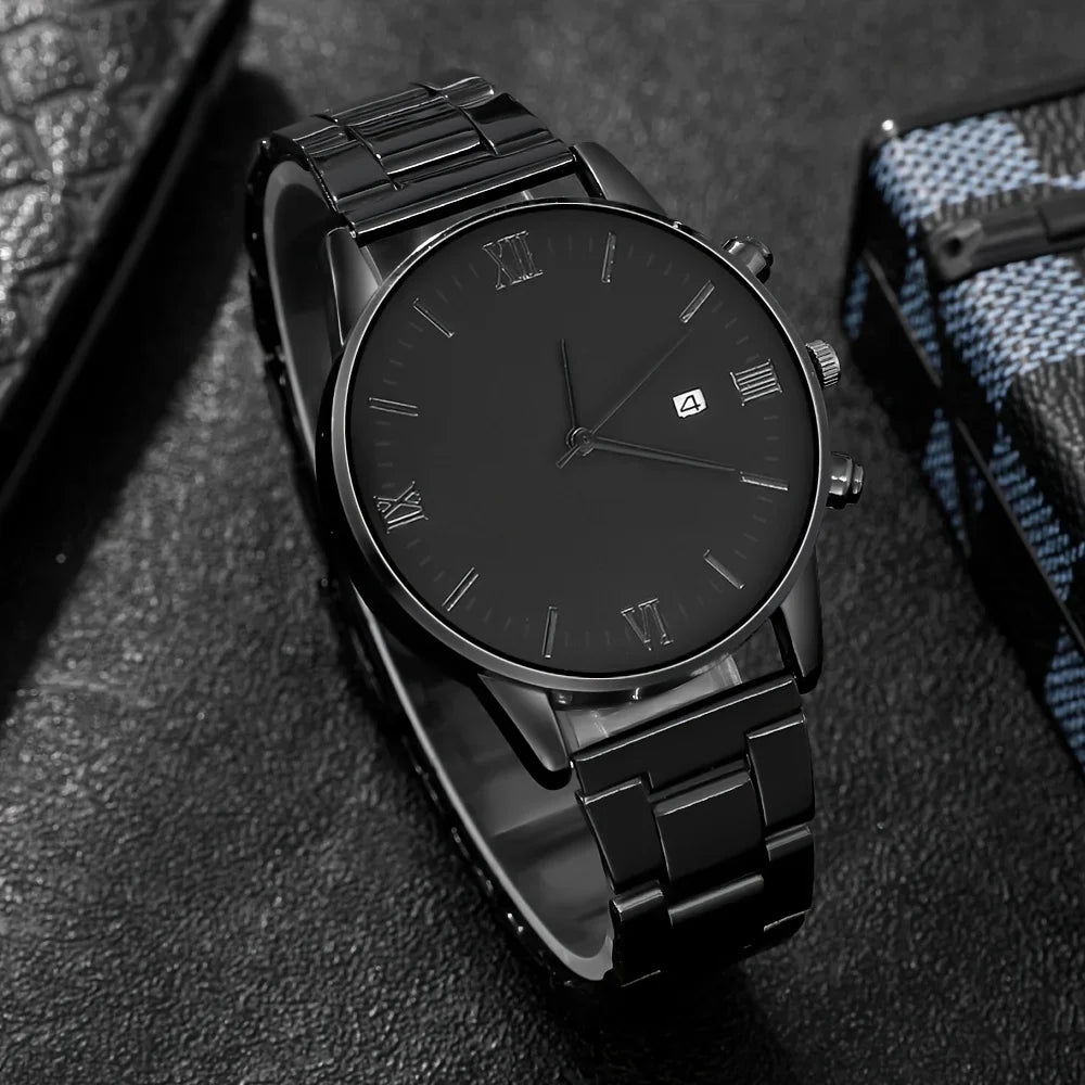 4pcs/set, Men's Simple Pointer Round Black Calendar Quartz Watch and Black Cross Pendant Necklace, Ring, Bracelet, Gift for Him - IFINDALL