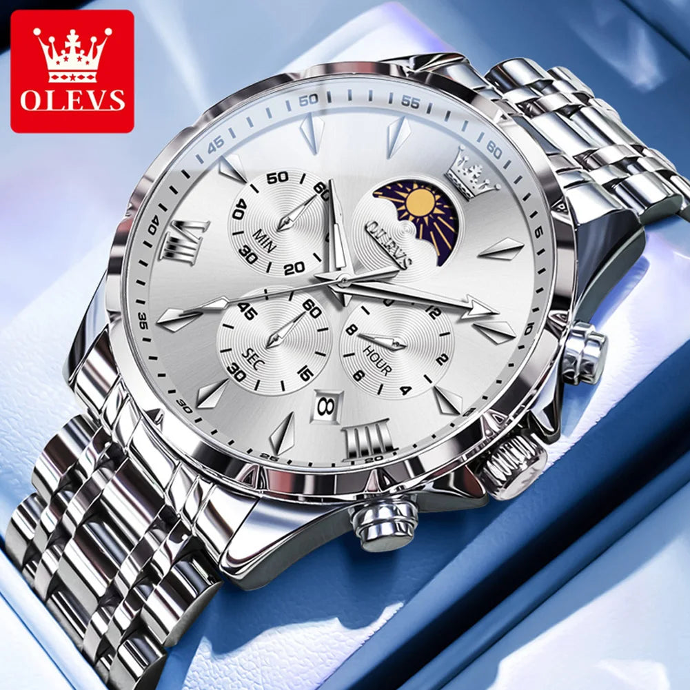 OLEVS 3653 Men Watch Luxury Brand Quartz Watch Multi functional Automatic Date Timer Watch Waterproof Luminous Moonphase Watch - IFINDALL