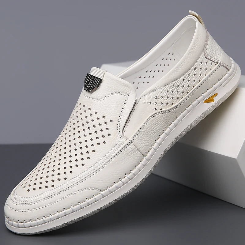 Men Casual Summer Footwear Breathable Mens Leisure Walk Loafers Genuine Leather Moccasins Hollow Out Slip on Male Driving Shoes - IFINDALL