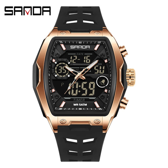 SANDA 6235 Dual Display Electronic Watch Barrel Big Dial Sports LED Analog Digital Chronograph Military Wristwatch 2025 - IFINDALL