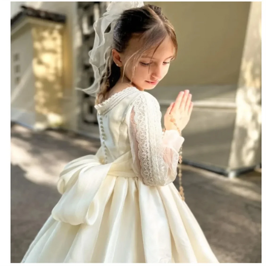 Elegant White Customize Holy First Communion Dresses Long Sleeves Princess Flower Girl Dress Lace Bow Child Wedding Party Dress - IFINDALL