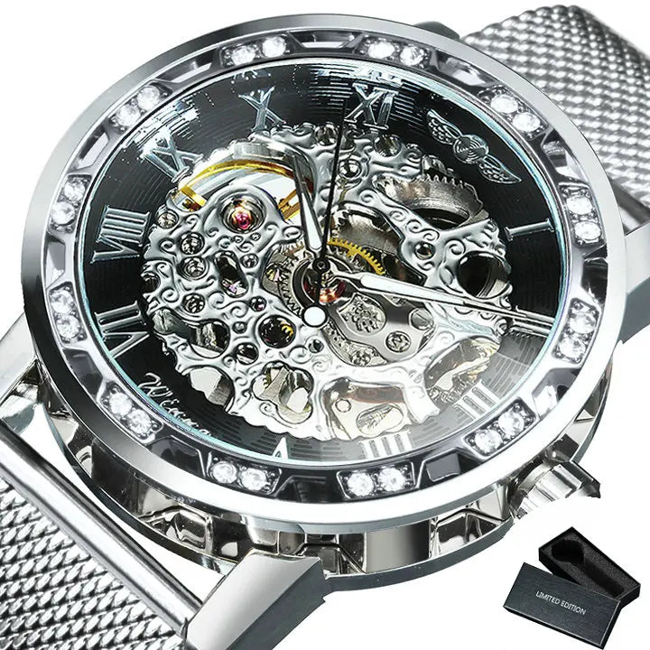 WINNER Roman Mechanical Watches for Men Fashion Gold Skeleton Mens Watch Luxury Mesh Stainless Steel Strap Luminous Unisex Clock - IFINDALL