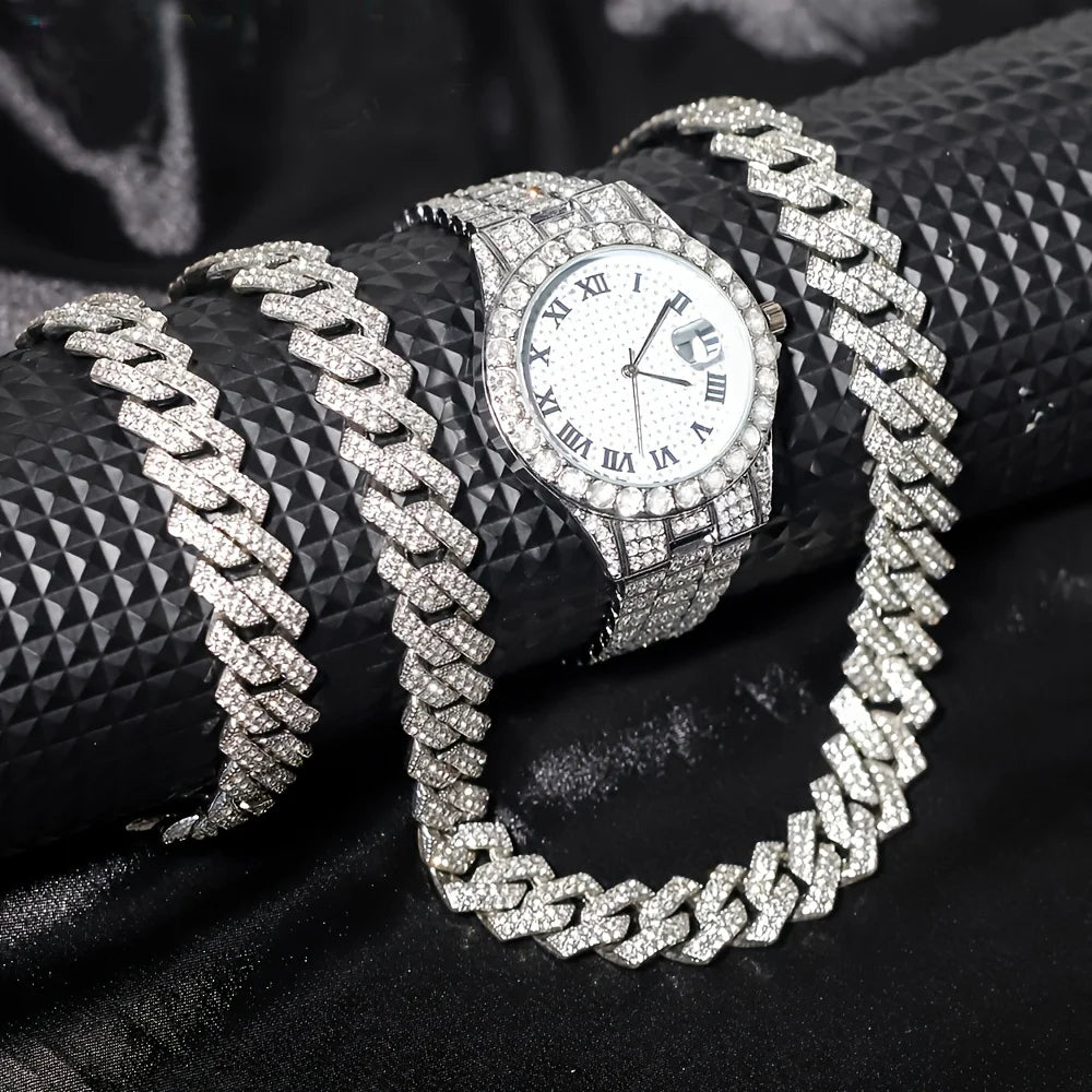 Stunning rhinestone-encrusted watch set with matching chain necklace - Round dial Quartz movement - IFINDALL