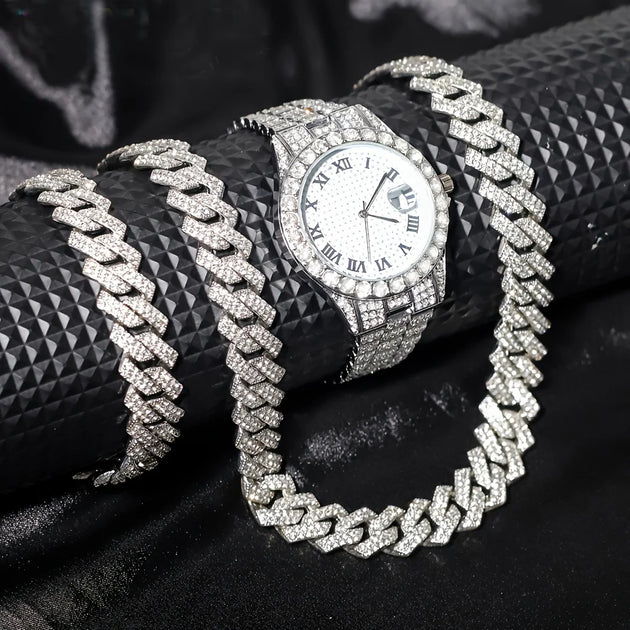 Stunning rhinestone-encrusted watch set with matching chain necklace - Round dial Quartz movement - IFINDALL