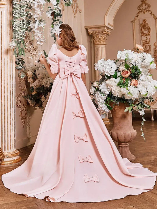 Flower Girl Dress Satin Pink A-Line Half Sleeves Floor Length Child Birthday Party Dress First Communion Ball Gown - IFINDALL