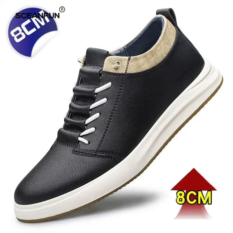 Men's genuine leather sneakers elevator shoes breathable height increasing shoes men luxury 6cm 8cm white casual lift skateboard - IFINDALL