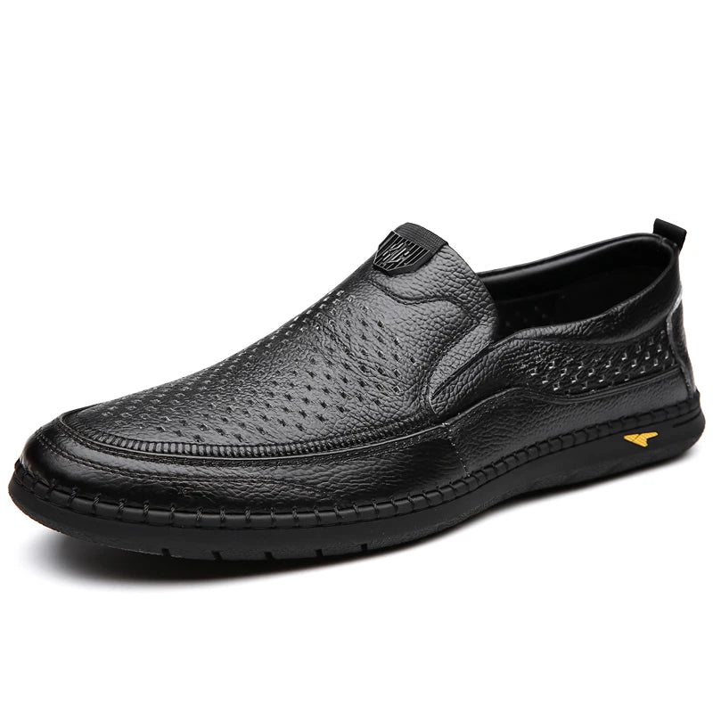 Men Casual Summer Footwear Breathable Mens Leisure Walk Loafers Genuine Leather Moccasins Hollow Out Slip on Male Driving Shoes - IFINDALL