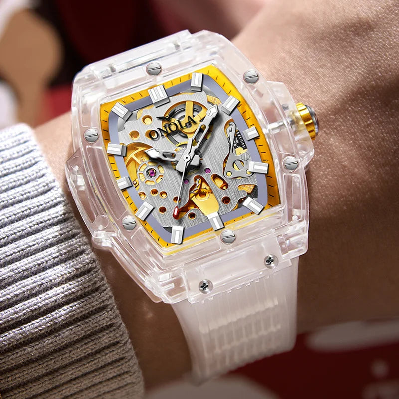 Luxury men's watch onola plastic transparent hollow full automatic mechanical watches men waterproof clock - IFINDALL