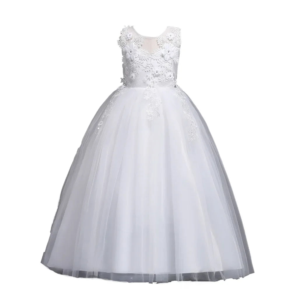 Beautiful Long Flower Girl Dress For Girls Elegant Burgundy Pink Green White Kids Wedding Party Gowns Long Communion Dresses - IFINDALL