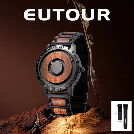 Brand EUTOUR Men's Wood Magnetic Ball Watches Luxury Sport Quartz Waterproof Watch Solid Wooden Strap Male Clock Mens Wristwatch - IFINDALL