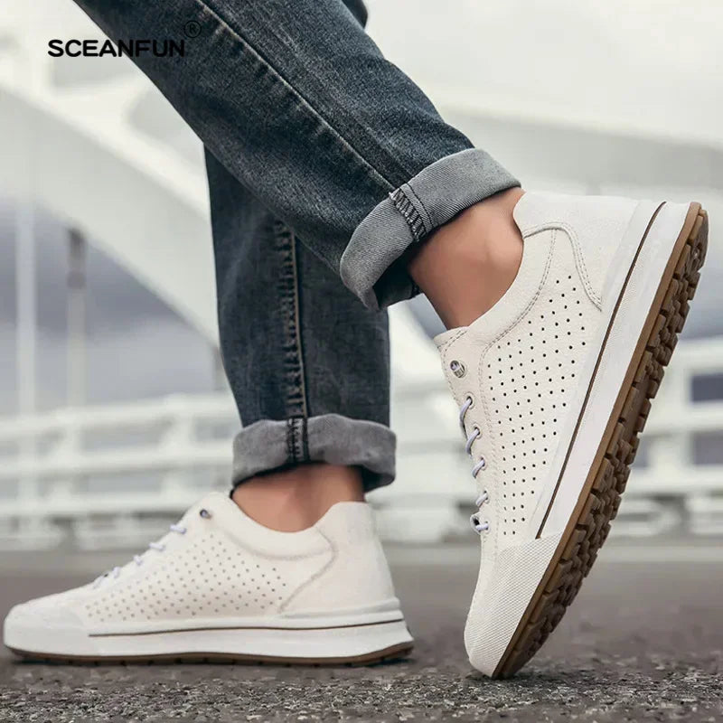 Genuine leather men skataboard shoes elevator 6cm height increase sports loafers hollow breathable sneakers designer shoes - IFINDALL