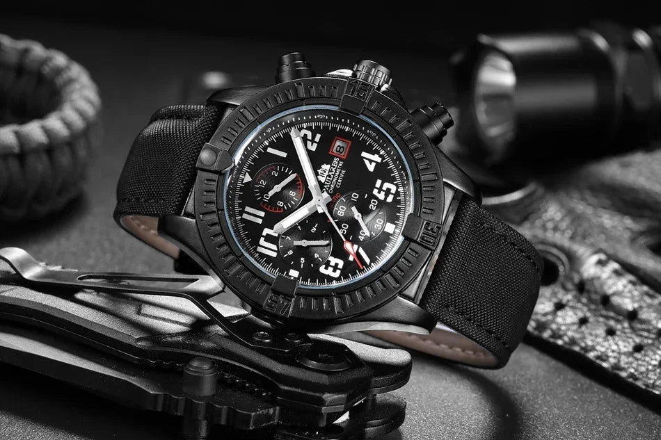 Automatic Mens Watch Self Wind Mechanical Canvas Style Genuine Black Blue Leather Multifunction Date Month Luminous Watches - IFINDALL