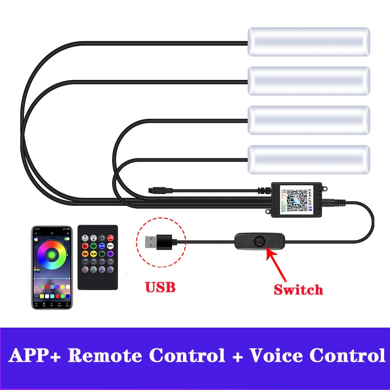 LED Car Interior Ambient Foot Strip Light Kit Accessories Backlight Remote App Music Control Auto RGB Decorative Lamp - IFINDALL