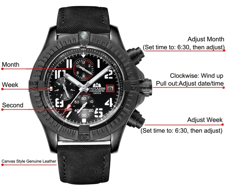 Automatic Mens Watch Self Wind Mechanical Canvas Style Genuine Black Blue Leather Multifunction Date Month Luminous Watches - IFINDALL