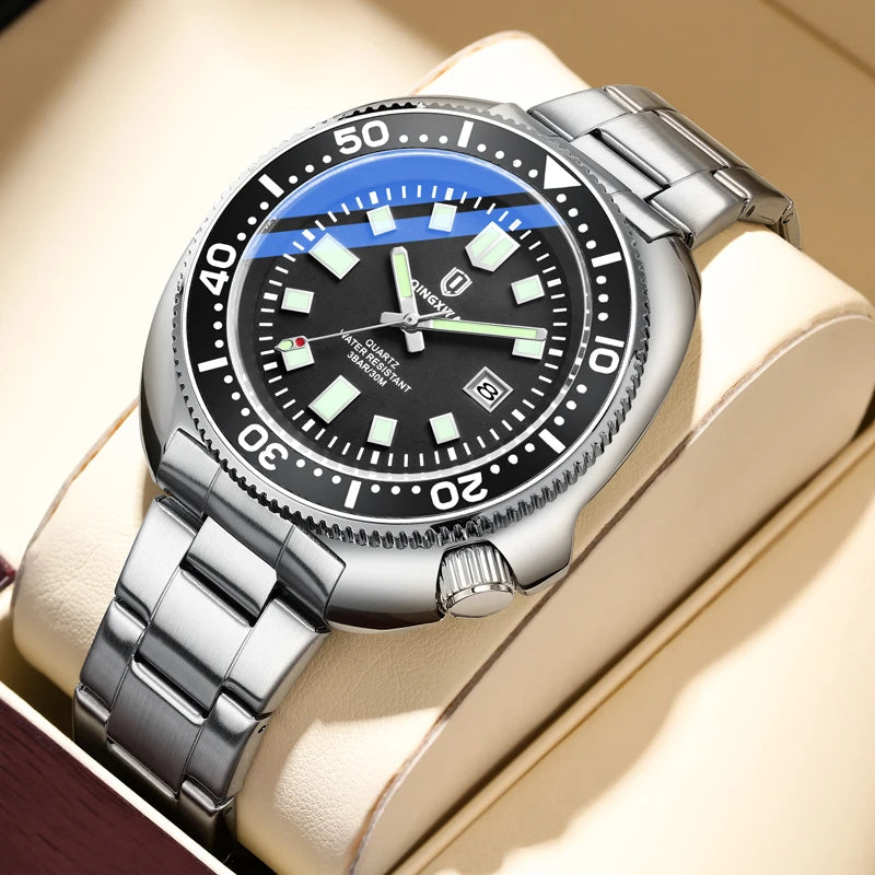 QINGXIYA Brand New Fashion Design Date Quartz Watch for Men Stainless Steel Waterproof Luminous Mens Watches Relogio Masculino - IFINDALL