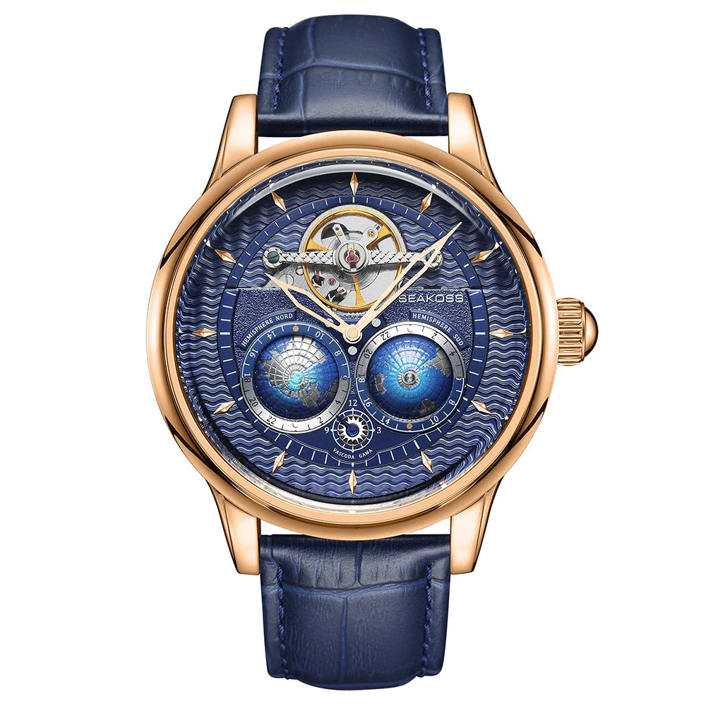 SEAKOSS Male Dual Earth Rotating Mechanical Men's Watch Automatic Movement Waterproof Clock Pilots 1963 Flywheel Wristwatches - IFINDALL