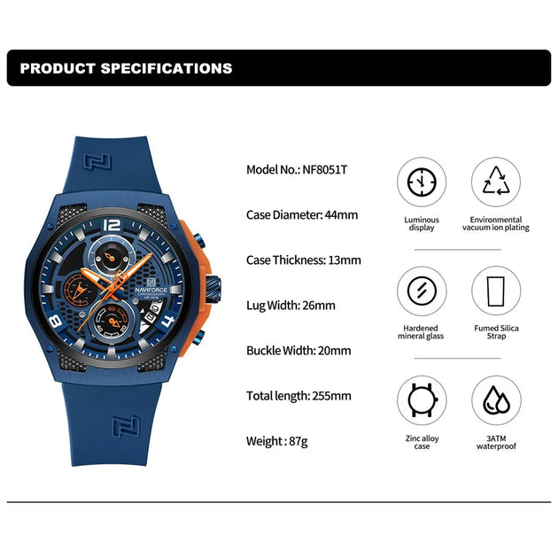 NAVIFORCE Original Watches for Man Silicone Strap Waterproof Men Quartz Wrist watch Casual Sport Date Display Clock Reloj Hombre - IFINDALL