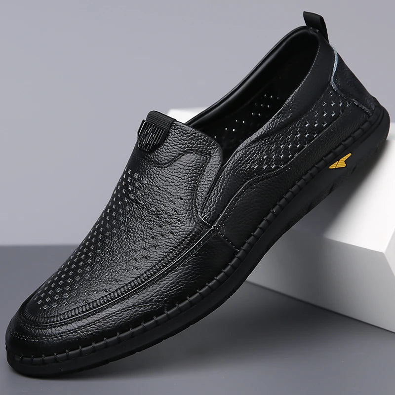Men Casual Summer Footwear Breathable Mens Leisure Walk Loafers Genuine Leather Moccasins Hollow Out Slip on Male Driving Shoes - IFINDALL