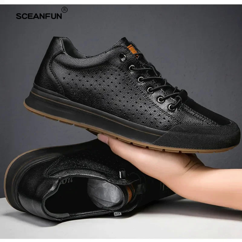 Genuine leather men skataboard shoes elevator 6cm height increase sports loafers hollow breathable sneakers designer shoes - IFINDALL