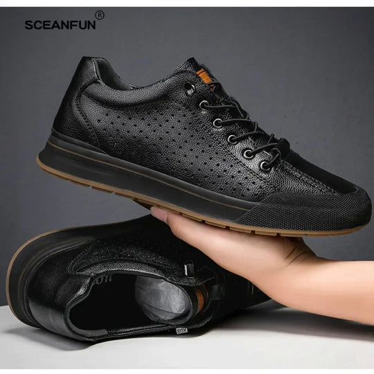 Genuine leather men skataboard shoes elevator 6cm height increase sports loafers hollow breathable sneakers designer shoes - IFINDALL
