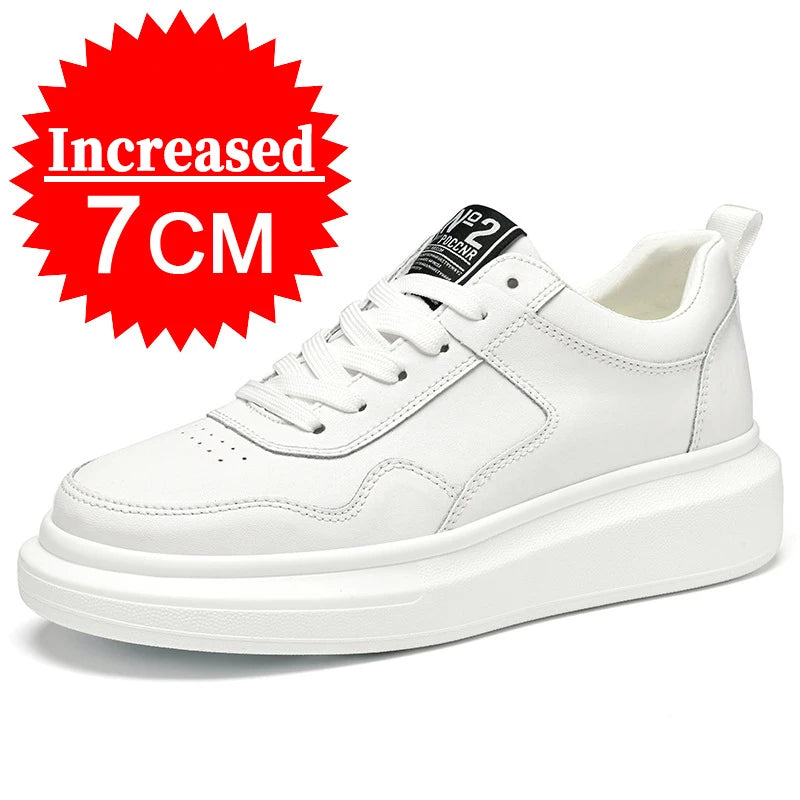 Luxury Leather Elevator Shoes Men's Sneakers Height Increasing Shoes Invisible 7CM Heighten Sports Shoes Taller Lift White Shoes - IFINDALL