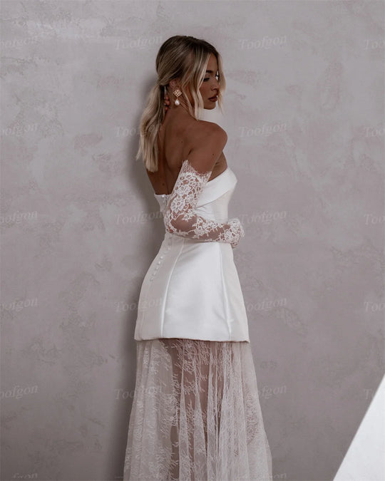 Toofgon A Line Satin Lace Wedding Dresses Detachable Long Sleeves Customized Women Bridal Wedding Gowns Photography robe mariee - IFINDALL
