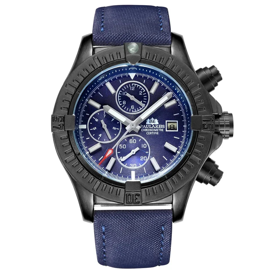 Automatic Mens Watch Self Wind Mechanical Canvas Style Genuine Black Blue Leather Multifunction Date Month Luminous Watches - IFINDALL
