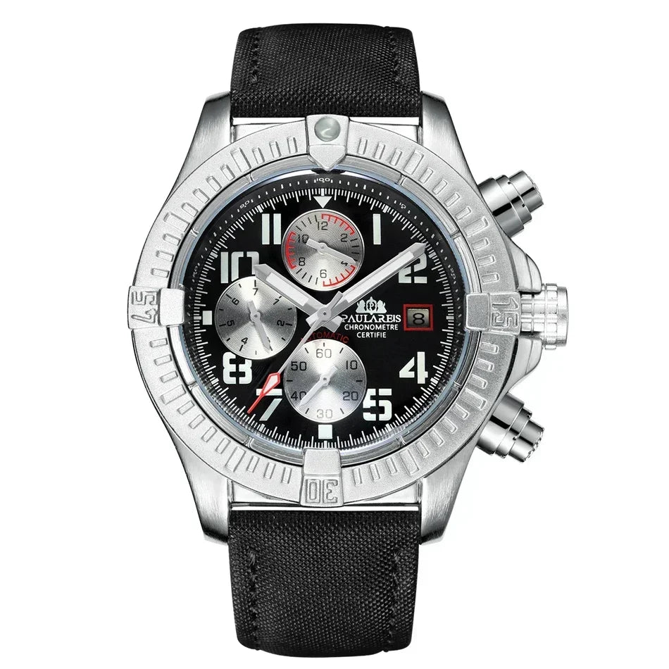Automatic Mens Watch Self Wind Mechanical Canvas Style Genuine Black Blue Leather Multifunction Date Month Luminous Watches - IFINDALL