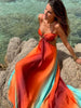 2025 Women Tie-dye Gradient Slim Fit Off Waist Long Dress Sexy Contrast Hollow Out Pleated Hem Robe Chic Lady Party Holiday Wear - IFINDALL