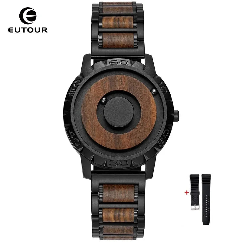 Brand EUTOUR Men's Wood Magnetic Ball Watches Luxury Sport Quartz Waterproof Watch Solid Wooden Strap Male Clock Mens Wristwatch - IFINDALL