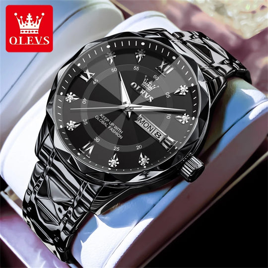 OLEVS Original Fashionable Men's Quartz Watch Top Luxury Brand Waterproof Stainless Steel Diamond Date Week Men's Business Watch - IFINDALL