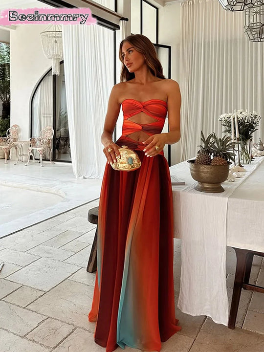 Printed Color Collision Women Maxi Dress Chest Wrapped Cut Out Strapless Backless High Waist Pleated Robe 2025 Summer Lady Robes - IFINDALL