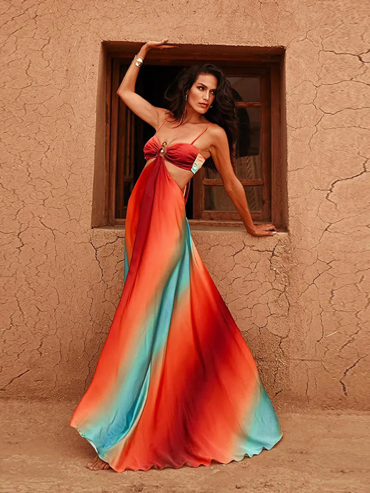 2025 Women Tie-dye Gradient Slim Fit Off Waist Long Dress Sexy Contrast Hollow Out Pleated Hem Robe Chic Lady Party Holiday Wear - IFINDALL