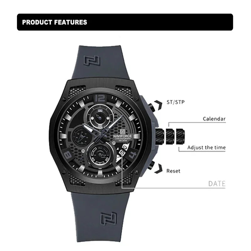 NAVIFORCE NF8051T  Luxury Design Men's Watches 30m Waterproof Military Sport with Date Silicone Band Quartz Wristwatch - IFINDALL