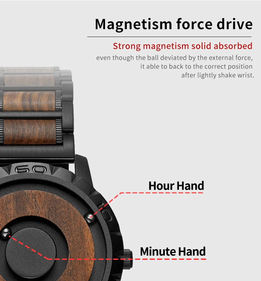 Brand EUTOUR Men's Wood Magnetic Ball Watches Luxury Sport Quartz Waterproof Watch Solid Wooden Strap Male Clock Mens Wristwatch - IFINDALL