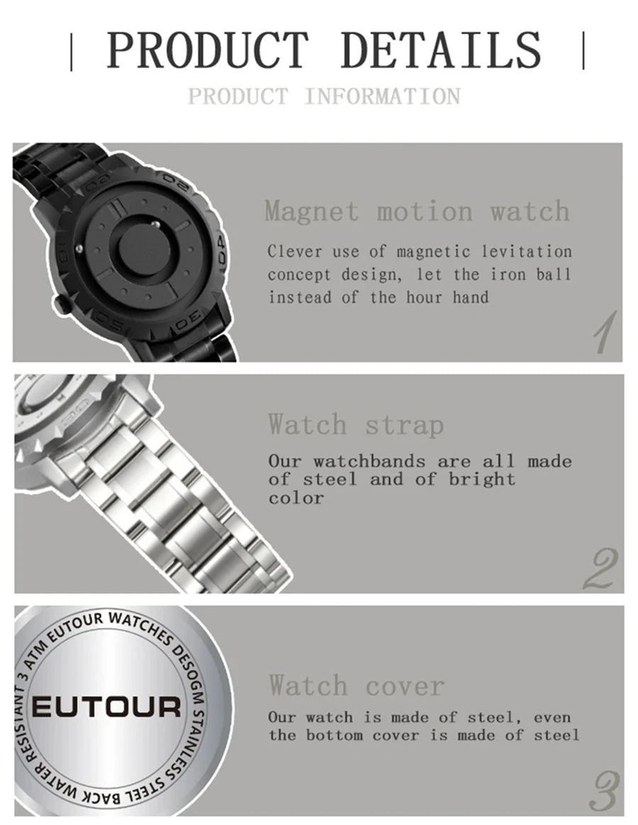 Fashion Magnetic Ball Quartz Watch Men Luxury Sport Waterproof EUTOUR Mens Watch Stainless Steel Male Clock Men Wristwatch 2024 - IFINDALL