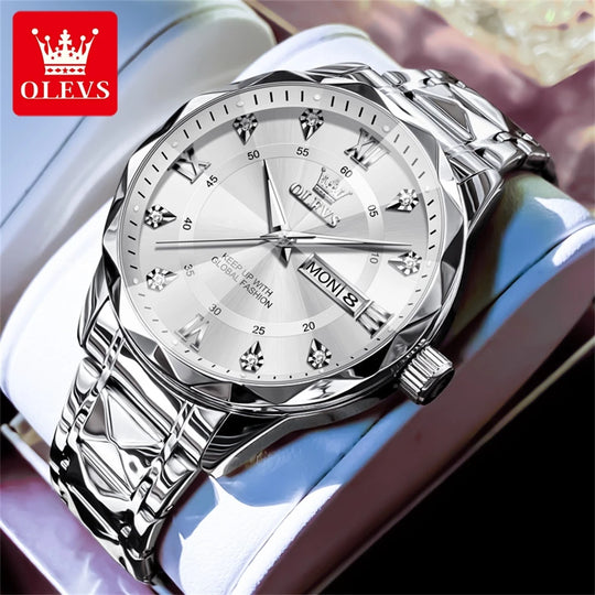 OLEVS Original Fashionable Men's Quartz Watch Top Luxury Brand Waterproof Stainless Steel Diamond Date Week Men's Business Watch - IFINDALL