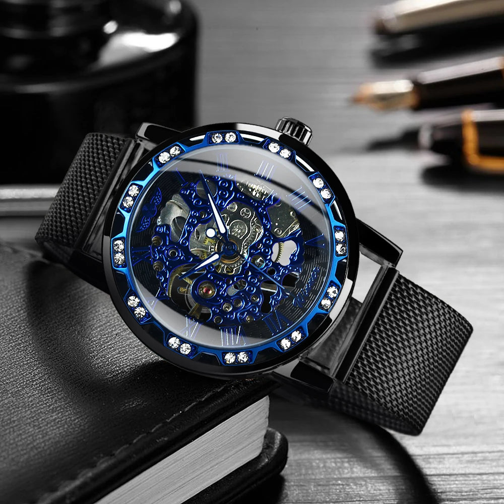 WINNER Roman Mechanical Watches for Men Fashion Gold Skeleton Mens Watch Luxury Mesh Stainless Steel Strap Luminous Unisex Clock - IFINDALL