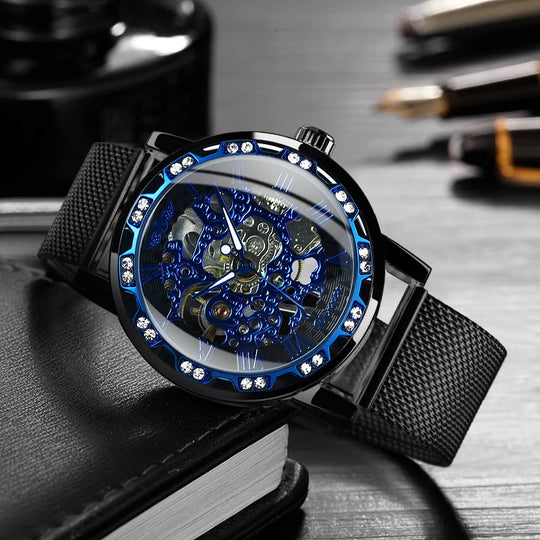 WINNER Roman Mechanical Watches for Men Fashion Gold Skeleton Mens Watch Luxury Mesh Stainless Steel Strap Luminous Unisex Clock - IFINDALL
