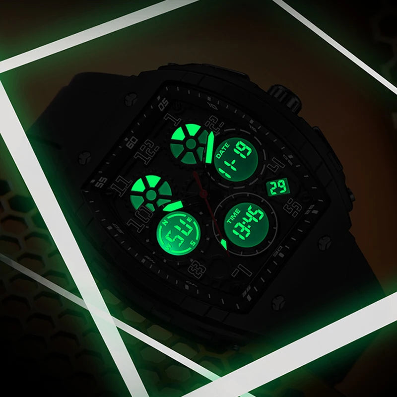 Men Sports Digital Wrist Watches For Male Clock Dual Display Man Tonneau Watches Chronograph Luminous Silicone Band Dropship - IFINDALL