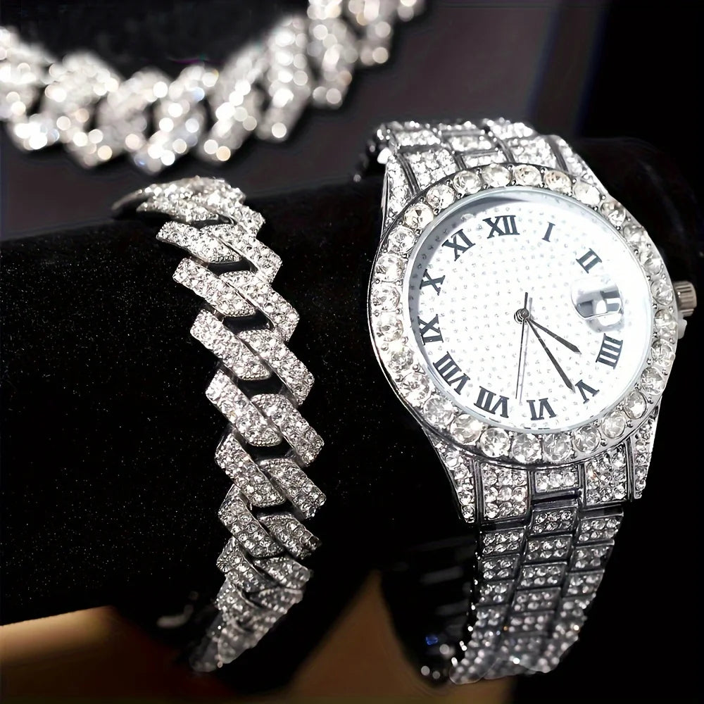 Stunning rhinestone-encrusted watch set with matching chain necklace - Round dial Quartz movement - IFINDALL