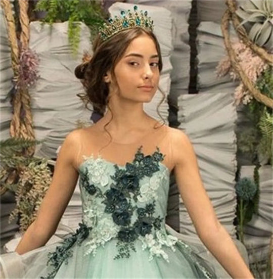 Fashion Long Princess Flower Girl Dresses Appliques Beaded Sleeveless Tulle Ruffles A Line Wedding Party  Birthday Pageant Gowns - IFINDALL