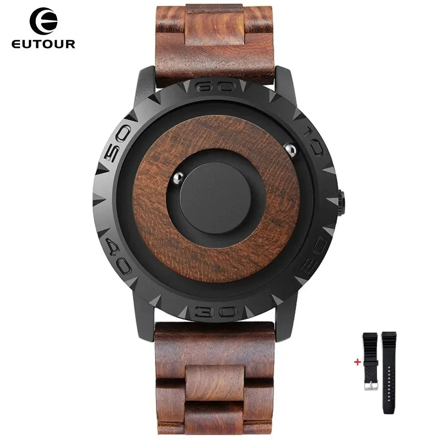 Brand EUTOUR Men's Wood Magnetic Ball Watches Luxury Sport Quartz Waterproof Watch Solid Wooden Strap Male Clock Mens Wristwatch - IFINDALL
