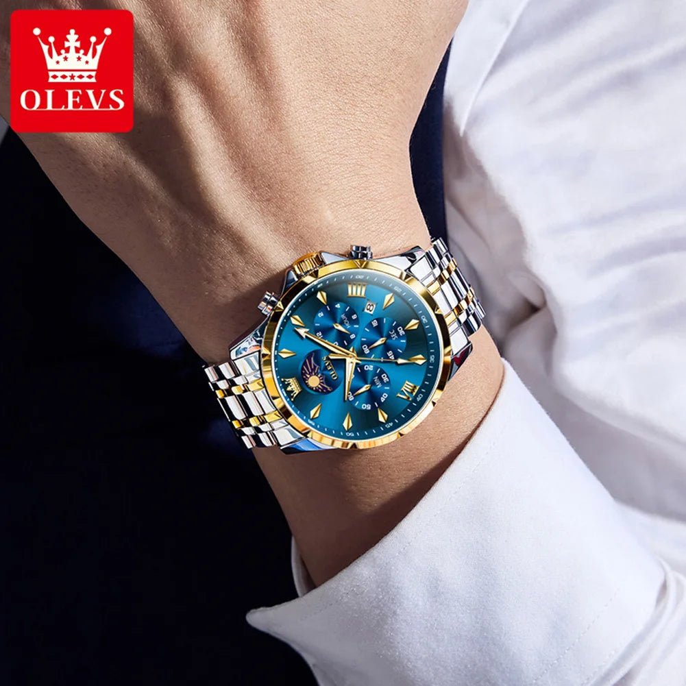 OLEVS 3653 Men Watch Luxury Brand Quartz Watch Multi functional Automatic Date Timer Watch Waterproof Luminous Moonphase Watch - IFINDALL