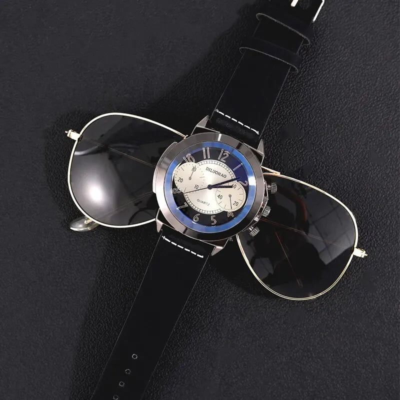 3PCS Set Fashion Mens Bracelet Necklace Watches Men Business Quartz Wrist Watch Classic Male Casual Leather Watch Reloj Hombre - IFINDALL