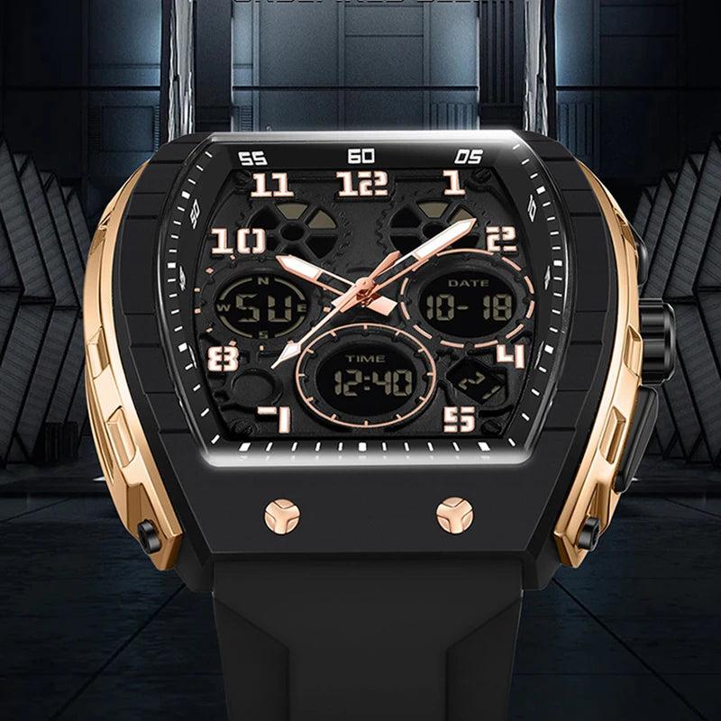 Men Sports Digital Wrist Watches For Male Clock Dual Display Man Tonneau Watches Chronograph Luminous Silicone Band Dropship - IFINDALL